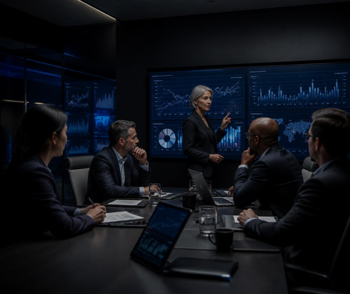 PTAM consultants reviewing market intelligence dashboards in a boardroom